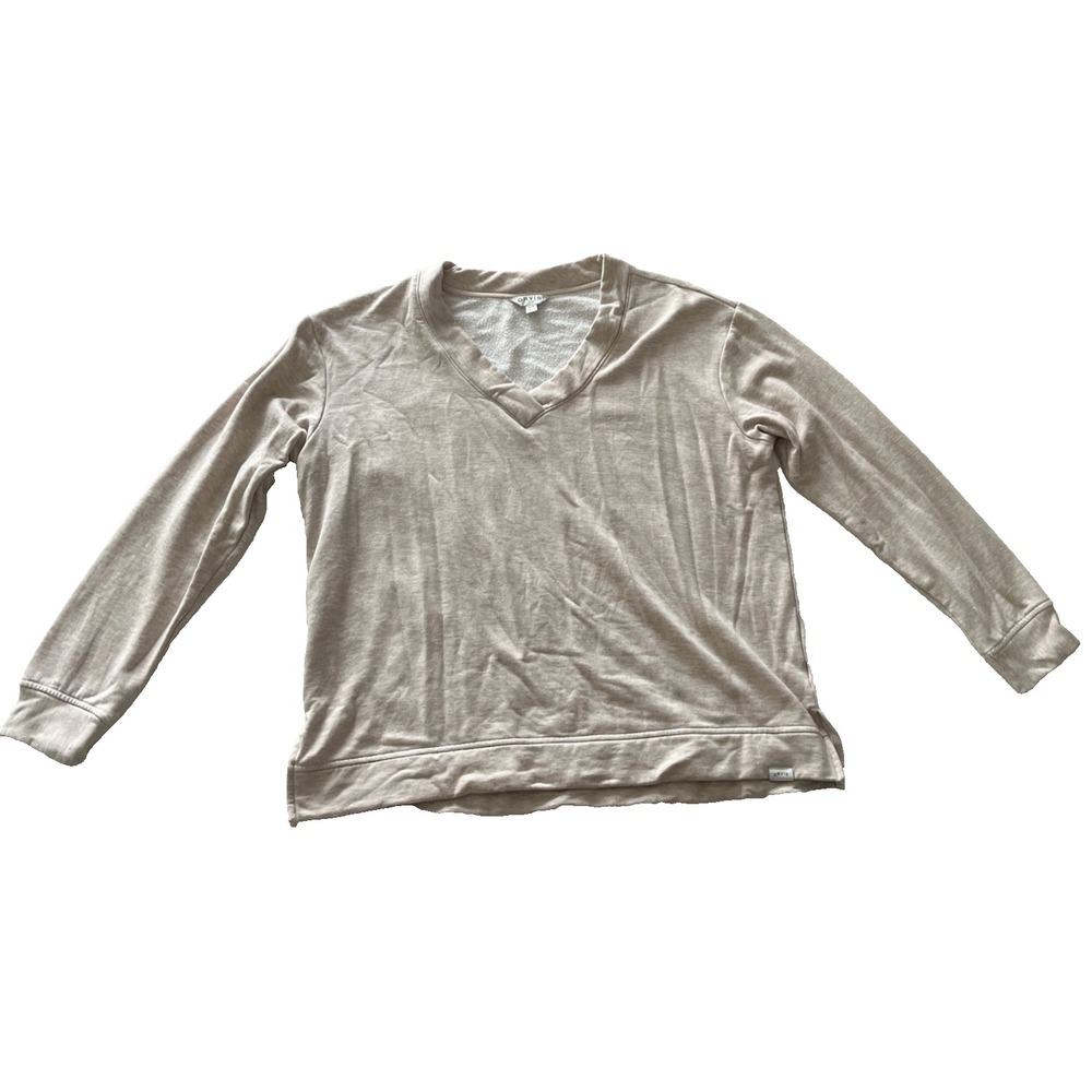 Orvis Women s Size L V-Neck Beige Heather Long Sleeve Fleece Lined Overshirt